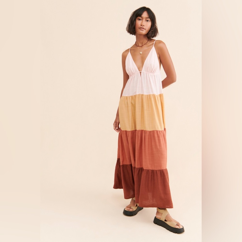 Anthropologie Tiered Maxi Dress in White, Mustard, Terracotta, and Rust
